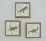 03 Quadros Dinossauros Quarto Infantil Menino Parede Decoração Verde E Cinza