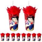 10 Copos Shake com canudo e Coroa Infantil Branca de Neve Sacola Surpresa Aniversário