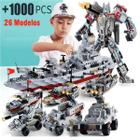 +1000 Peças Blocos de Montar Mega Navio + Mega Robô + 24 Veículos de Combate e Guerra: Carros, Aviões, Tanques...