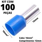 100un Terminal Tubular Ilhós Pré-isolado Simples Para Cabo de 16mm² Metal 12mm Azul E16-12