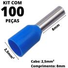 100un Terminal Tubular Ilhós Pré-isolado Simples Para Cabo de 2,5mm² Metal 8mm Azul E2508