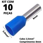 10un Terminal Tubular Ilhós Pré-isolado Simples Para Cabo de 2,5mm² Metal 8mm Azul E2508