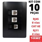 10un Tomada VD RJ11 4 Vias RJ45 CAT 6E 8 Vias Dupla Com Placa Habitat Black FAME