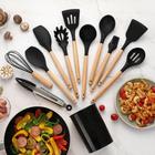 12 pçs cozinha silicone utensílios de cozinha conjunto antiaderente panelas com alça de madeira fácil de limpar PRETO