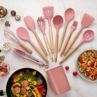 12 pçs cozinha silicone utensílios de cozinha conjunto antiaderente panelas com alça de madeira fácil de limpar ROSA - ROSA 12PCS