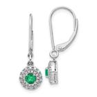 14k Ouro Branco Diamante Halo Esmeralda Leverback Dangle Brinco