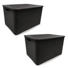 2 Caixas Plástica Organizadora Rattan C/ Tampa 15lts Preto - Arqplast