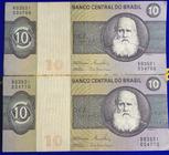 2 Cédulas 10 Cruzeiros Banco Central do Brasil Raras Brasil Antigas Coleção Linda Cédulas