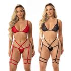 2 Conjunto Lingerie Sexy Fio Dental Cinta Liga E Perneira