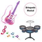 2 Instrumentos Musicais de Brinquedo Guitarra Rosa + Bateria