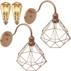 2 Luminárias Arandela de Parede Aramada Diamante P Industrial Retro + 2 Lâmpadas Led ST64 Vintage