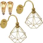 2 Luminárias Arandela Parede Aramada Diamante Industrial Retro + Lâmpadas Led Dourado - Agp Ilumini/Gmh Tr