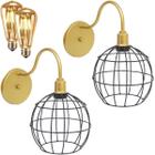 2 Luminárias Arandela Parede Aramada Globo Industrial Retro + Lâmpadas Led Dourado/Preto - Agp Ilumini/Gmh Tr