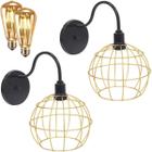 2 Luminárias Arandela Parede Aramada Globo Industrial Retro + Lâmpadas Led Preto/Dourado