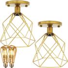 2 Lustres Teto Plafon + 2 Lâmpadas Led St64 Industrial Aramado Cálice Retrô Vintage Dourado