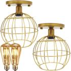 2 Lustres Teto Plafon + 2 Lâmpadas Led St64 Industrial Aramado Globo Retrô Vintage Dourado