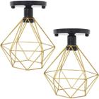 2 Lustres Teto Plafon Industrial Aramado Diamante Dourado Retrô Luminária Vintage Preto Agp Ilumini