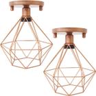 2 Lustres Teto Plafon Industrial Aramado Diamante Retrô Luminária Sobrepor Vintage Cobre Rose Gold - Agp Ilumini