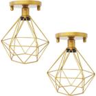 2 Lustres Teto Plafon Industrial Aramado Diamante Retrô Luminária Sobrepor Vintage Dourado