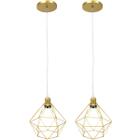 2 Pendente Aramado Diamante Luminárias Lustre Cabo Cristal Teto Retrô Dourado AgpIlumini - Agp Ilumini