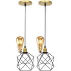 2 Pendentes Aramado Cálice Luminária Lustre Retrô Balcão Preto Dourado + 2 Lâmpadas Led ST64 Teto