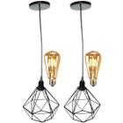 2 Pendentes Aramado Diamante Luminária Lustre Retrô Balcão Preto + 2 Lâmpadas Led ST64 Vintage Teto - Agp Ilumini/Gmh Tr