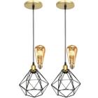 2 Pendentes Aramado Diamante Luminária Lustre Retrô Balcão Preto Dourado + 2 Lâmpadas Led ST64 Teto