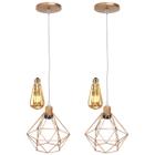 2 Pendentes Aramado Diamante Lustre Cabo Cristal Cobre Rose Gold + 2 Lãmpadas Led ST64 Vintage Retrô - Agp Ilumini/Gmh Tr