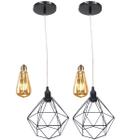 2 Pendentes Aramado Diamante Lustre Cabo Cristal Preto + 2 Lâmpadas Led ST64 Vintage Retrô - Agp Ilumini/Gmh Tr