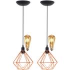 2 Pendentes Aramado Diamante Teto Luminária Retrô Balcão Agp Laranja + 2 Lâmpadas Led ST64 Vintage - Agp Ilumini/S/M