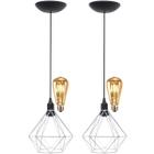 2 Pendentes Aramado Diamante Teto Luminária Retrô Balcão Agp Prata + 2 Lâmpadas Led ST64 Vintage