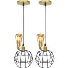 2 Pendentes Aramado Globo Luminária Lustre Retrô Balcão Preto Dourado + 2 Lâmpadas Led ST64 Teto