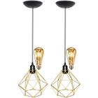 2 Pendentes Aramado Teto Diamante Luminária Lustre Retrô Balcão + Lâmpada Led ST64 Vintage Dourado