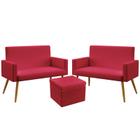 2 Poltronas Namoradeira Vega Para Sala de Estar Sem Rodapé Com Puff Quasar Sued Vermelho Aradecor