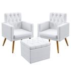 2 Poltronas Nina Para Sala de Estar Com Rodapé E Capitonê Com Puff Quasar Couro Branco Aradecor