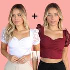 2 Top Cropped Manga Curta Feminino Com Bojo Bufante Canelada Tule Poá Bolinha Blogueira Moda Confortável