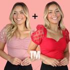 2 Top Cropped Manga Curta Feminino Com Bojo Bufante Canelada Tule Poá Bolinha Blogueira Moda Confortável