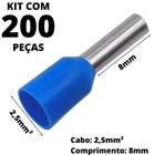 200un Terminal Tubular Ilhós Pré-isolado Simples Para Cabo de 2,5mm² Metal 8mm Azul E2508