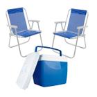 2x Cadeira Bel Alta Estrutura De Alumínio Lazy Sannet Azul Dobrável + Caixa Térmica 26L Leve Fácil Para Transportar