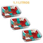 3 Assadeira De vidro Quadrada 1,1L Litros Marinex