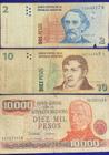 3 Cédulas 2 Pesos, 10 Pesos e 10.000 Pesos Banco Central De La República Argentina Antigas Coleção