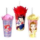 3 Copos Shake 500ml Plasútil Canudo e Coroa Princesas Disney p/ Meninas