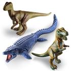 3 Dinossauros em Vinil Mosassauro Rex Velociraptor Brinquedo