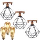 3 Lustre Teto Plafon + 3 Lâmpada Led Industrial Aramado Diamante Preto Retrô Vintage Cobre Rose Gold