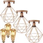 3 Lustre Teto Plafon + 3 Lâmpada Led St64 Industrial Aramado Diamante Retrô Vintage Cobre Rose Gold