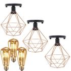 3 Lustres Teto Plafon + 3 Lâmpadas Led St64 Industria Aramado Diamante Cobre Rose Gold Vintage Preto