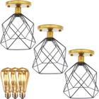 3 Lustres Teto Plafon + 3 Lâmpadas Led St64 Industrial Aramado Cálice Preto Retrô Vintage Dourado - Agp Ilumini/Gmh Tr