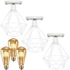 3 Lustres Teto Plafon + 3 Lâmpadas Led St64 Industrial Aramado Diamante Retrô Vintage Branco - Agp Ilumini/Gmh Tr