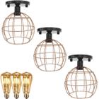 3 Lustres Teto Plafon + 3 Lâmpadas Led St64 Industrial Aramado Globo Cobre Rose Gold Vintage Preto - Agp Ilumini/Gmh Tr