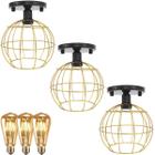 3 Lustres Teto Plafon + 3 Lâmpadas Led St64 Industrial Aramado Globo Dourado Retrô Vintage Preto